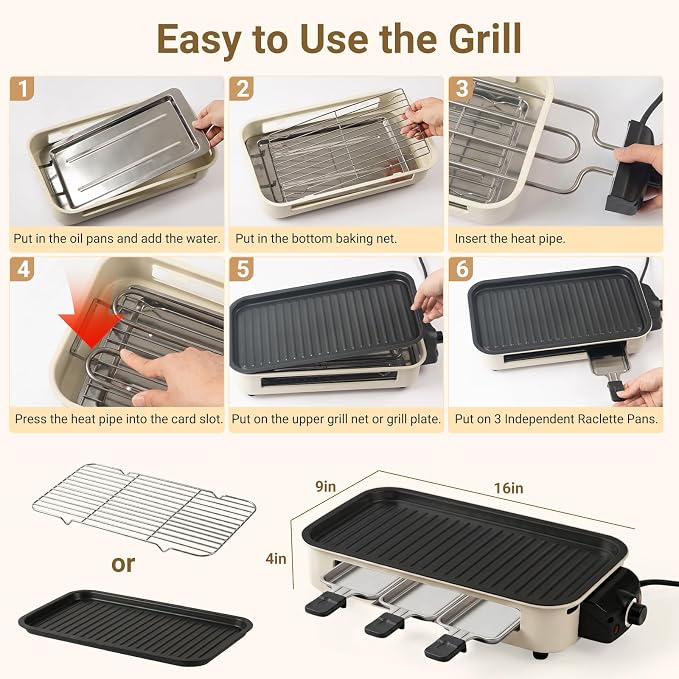Electric Indoor Grill 1500w, 2 in 1 Smokeless Indoor Grills with Non-Stick Griddle Plate & Grill Net, Korean BBQ Grill with 3 Individual Mini Trays, Temperature Control, Dishwasher Safe