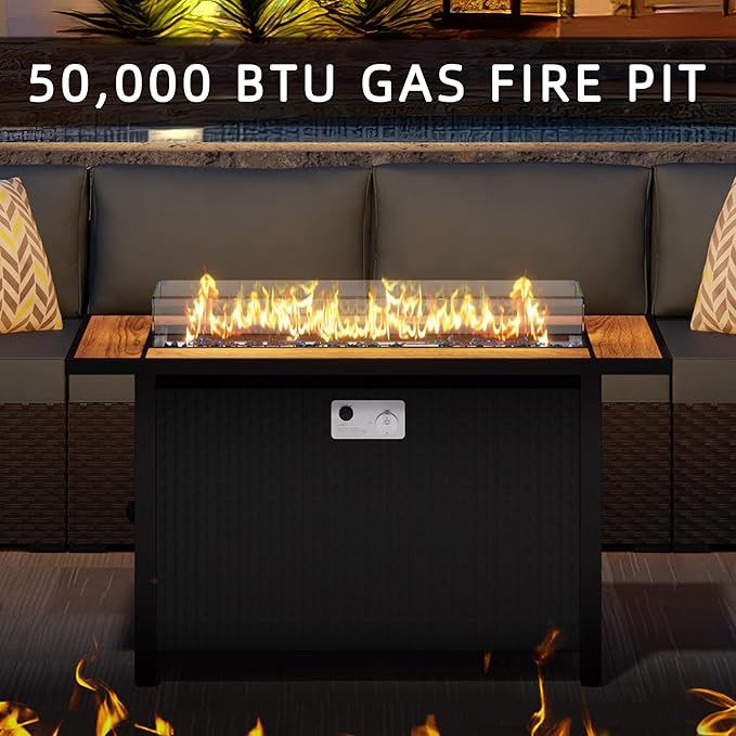 45 Inch Propane Fire Pit Table, 50,000 BTU Outdoor Gas Fire Pit for Patio & Backyard, 2-in-1 Firepit Dining Table with Glass Wind Guard, Blue Glass Rocks & Waterproof Cover, Walnut