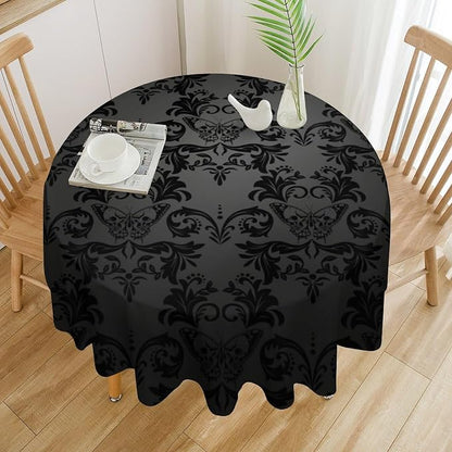 Gothic Black Damask Round Tablecloth, Vintage Floral Exotic Butterfly Suger Skull Bohemian Antique Table Cloth Water Resistant Table Cover for Farmhouse Party Holiday Kitchen Dinner Table 70"