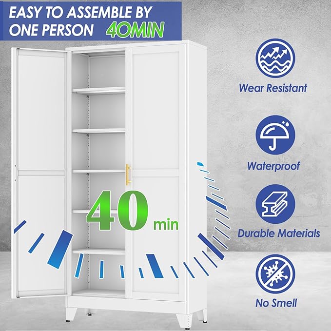 75" Metal Garage Storage Cabinet with 2 Doors and 5 Adjustable Shelves,Metal Storage Cabinets,Steel Tool Cabinets for Home,Office,Garage,Warehouse (White, 75''H x 36''W x 18''D)