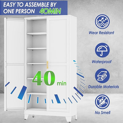 75" Metal Garage Storage Cabinet with 2 Doors and 5 Adjustable Shelves,Metal Storage Cabinets,Steel Tool Cabinets for Home,Office,Garage,Warehouse (White, 75''H x 36''W x 18''D)