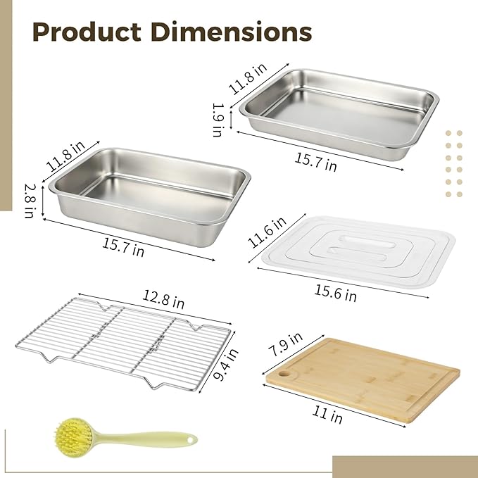 ZALIR Grilling Prep & Serve Trays Kit - 15.7 x 11.8 in Large Capacity Stainless Steel Pans with Lid, Rack, Cutting Board, Tongs, Brush for BBQ, Outdoor Cooking