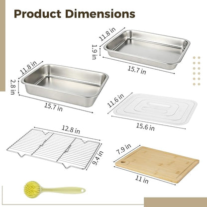 ZALIR Grilling Prep & Serve Trays Kit - 15.7 x 11.8 in Large Capacity Stainless Steel Pans with Lid, Rack, Cutting Board, Tongs, Brush for BBQ, Outdoor Cooking