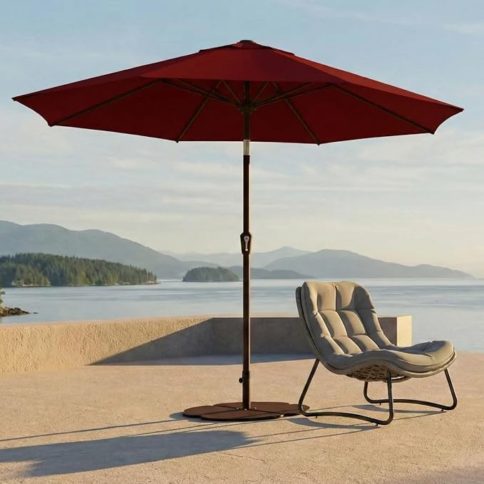 Kingdura 9FT Outdoor Patio Umbrella, Round Market Table Umbrella with Push‑Button Tilt and Crank Lift, 8 Sturdy Metal Ribs, UV50+ Protection Canopy for Backyard, Lawn, Deck, Poolside, Garden (Dark red)