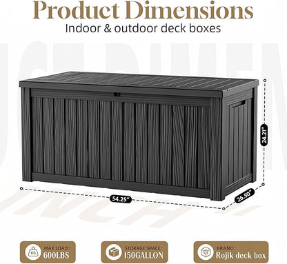 ROJIK 150 Gallon Outdoor Storage Box Waterproof,Weatherproof Deck Boxes Outdoor Lockable,Resin Outside Storage Box for Garden Tools,Cushions,Pool Accessories(Black,150 Gal)