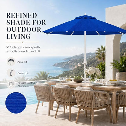 Treasure Garden 9ft Patio Umbrella - Outdoor Furniture Market Umbrella – Deluxe Auto-Tilt – White Aluminum Frame (Sunbrella, Pacific Blue)