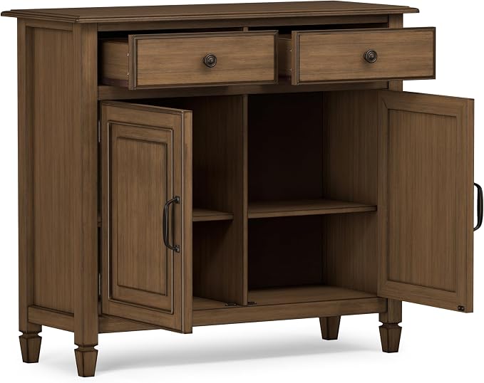 SIMPLIHOME Connaught 40" Solid Wood Cabinet in Rustic Natural Aged Brown | Traditional slim entryway and living room organizer for hats, gloves, shoes and keys with space-saving storage design.