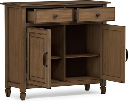 SIMPLIHOME Connaught 40" Solid Wood Cabinet in Rustic Natural Aged Brown | Traditional slim entryway and living room organizer for hats, gloves, shoes and keys with space-saving storage design.