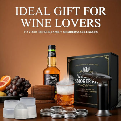 Enhanced Whiskey Smoker Kit with Torch – Old Fashioned Cocktail Smoker Infuser Set, 6 Wood Chip Flavors with Glasses & Ice Ball Molds – Gifts for Men, White Elephant & Stocking Stuffers (No Butane)
