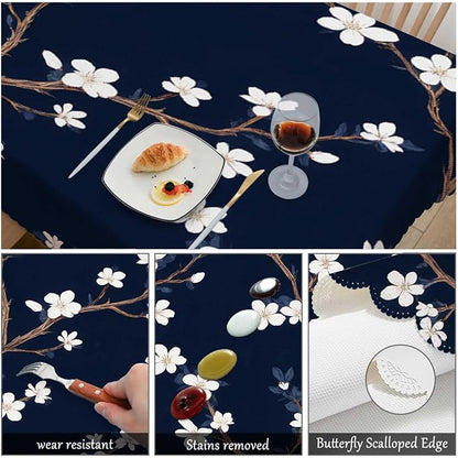 Swono Cherry Blossoms Table Covers 52x70 Inch Branch White Flower Cherry Navy Blue Wipeable Tablecloth Kitchen Dinning Tabletop Decoration, Table Cloth for Outdoor and Indoor Use