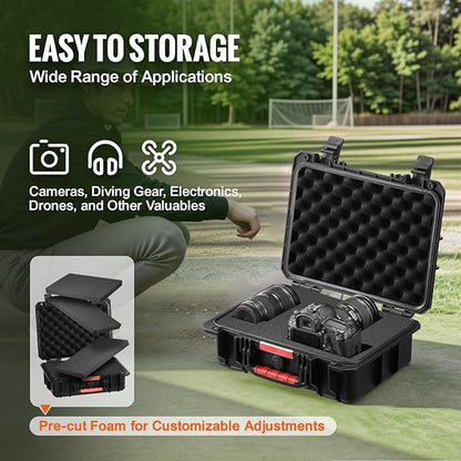 VEVOR Weatherproof Hard Case, Heavy Duty Protective Dry Box with Pre-cut Foam, Retractable Pull Handles for Travel, Hunting, Military, Tactical, IP67 Waterproof Case for Cameras(14.96x11.81x5.51)