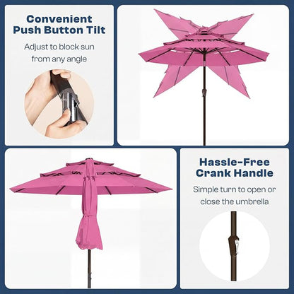 10ft 3 Tier Patio Umbrella, Outdoor Market Table Umbrella with UPF 50+ Vented Canopy, 8 Sturdy Ribs, Easy Push Button Tilt and Crank, Windproof for Deck, Pool, Backyard and Garden
