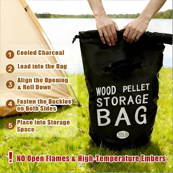 32LB Waterproof Wood Pellet Storage Bag - 500D PVC Charcoal Storage Container with Dual Handles, Label Pocket & Buckle Seal for Grill Smoker BBQ Outdoor Use (1, 32LB-Black)