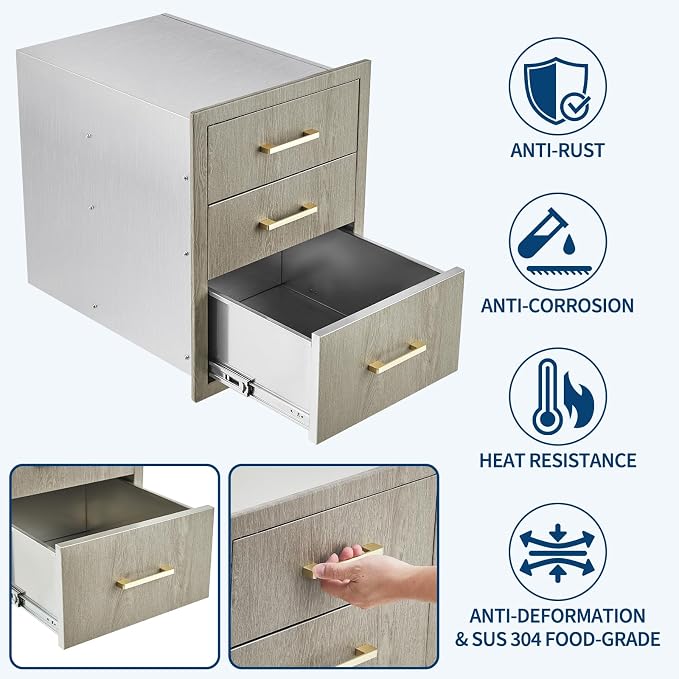 PeakPursuit Stainless Steel Outdoor Kitchen Triple Drawers - Heavy Duty with Handles, Weather-Resistant Flush Mount for BBQ Island, Patio Grill & Outdoor Cooking Space, 14" W x 20.3" D x 23" H