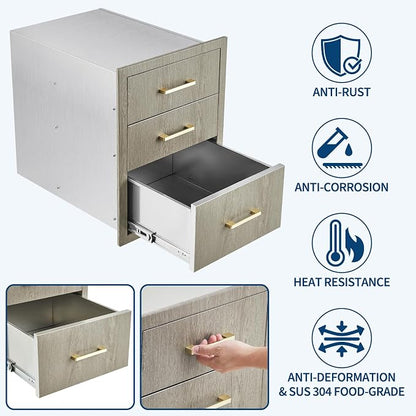 PeakPursuit Stainless Steel Outdoor Kitchen Triple Drawers - Heavy Duty with Handles, Weather-Resistant Flush Mount for BBQ Island, Patio Grill & Outdoor Cooking Space, 14" W x 20.3" D x 23" H