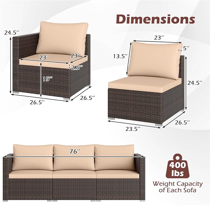 Tangkula 3 Seat Outdoor Wicker Sofa Set, Modular PE Rattan Patio Cushioned Sectional Couch Set, Outside Furniture Set for Deck, Backyard, Porch, Garden & Poolside (Brown-Beige)