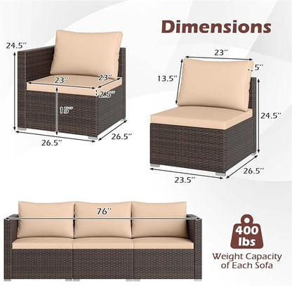 Tangkula 3 Seat Outdoor Wicker Sofa Set, Modular PE Rattan Patio Cushioned Sectional Couch Set, Outside Furniture Set for Deck, Backyard, Porch, Garden & Poolside (Brown-Beige)