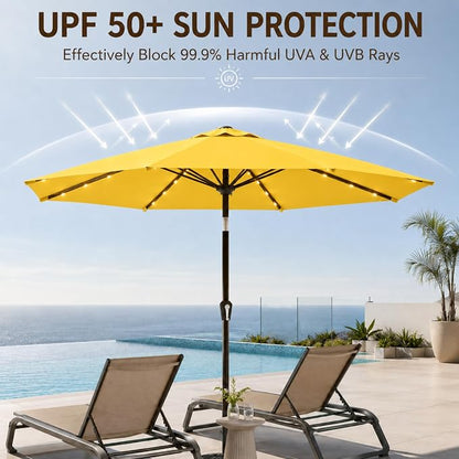 10FT Solar Lighted Patio Umbrella, Outdoor Table Market Umbrellas with Push Button Tilt and Crank, 32 LED Lights, 8 Sturdy Ribs, UV-Resistant for Deck, Garden, Pool