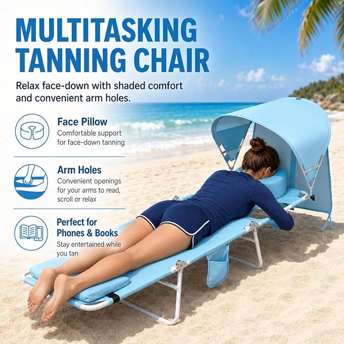 Backpack Beach Tanning Lounge Chair with Canopy Shade Face Hole Padded Adjustable Washable, 6 Position Layout Chair for Outside Sunbathing Poolside Lawn, UPF 50+ Wind-Resistant Sun Shade, 2Pack