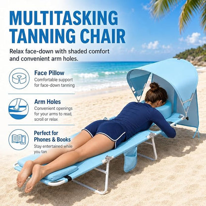 Backpack Beach Tanning Lounge Chair with Canopy Shade Face Hole Padded Adjustable Washable, 6 Position Layout Chair for Outside Sunbathing Poolside Lawn, UPF 50+ Wind-Resistant Sun Shade, 2Pack