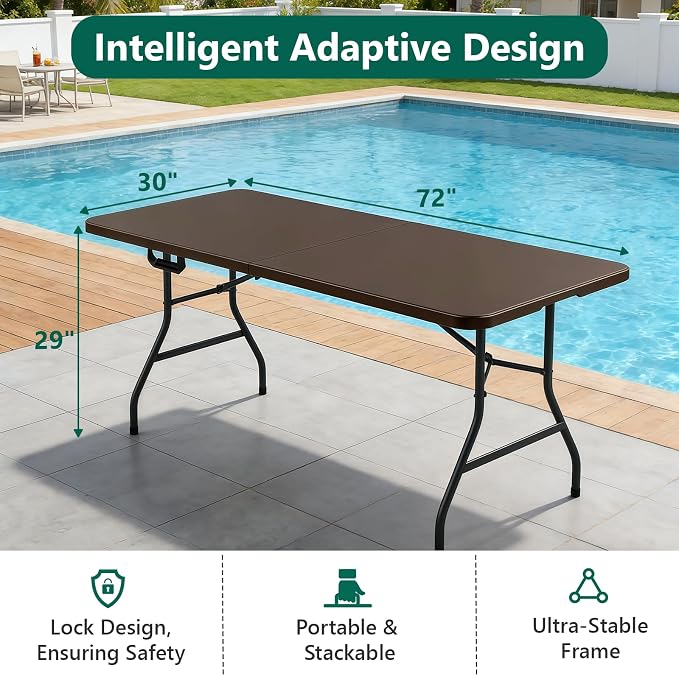 2 Pack 6ft Folding Table, Foldable Picnic Table Portable Table for Indoor Outdoor Use Heavy Duty Plastic Table Camping Table with Carry Handle for Party, BBQ, Brown