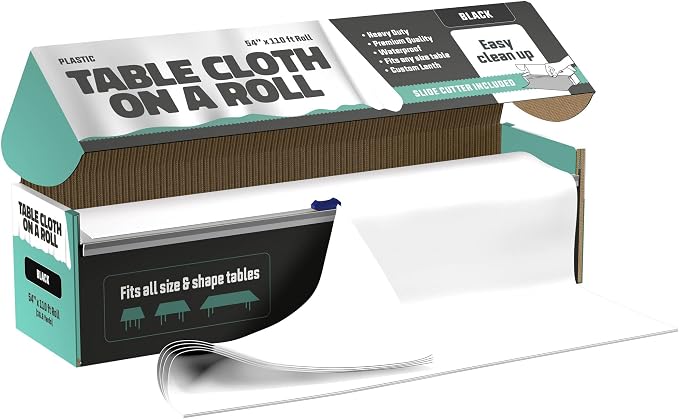 Tablecloth Roll – 54" X 110' White Premium Plastic Table Cloths with Cutter Box - Cut to Size - Decorative Rectangle Table Cover Smooth Tablecloth - Disposable Table Cloths for Parties, Weddings.