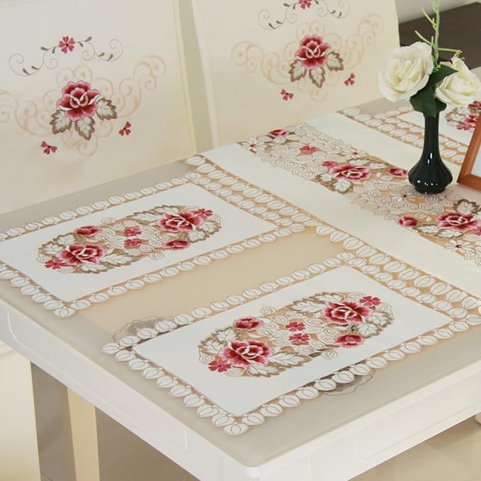 LeLehome Set of 4 Flower Embroidered Placemats, Oblong White Leaves Rose Lunchmats Place Mats, Home Kitchen Dining Restaurant Party Indoor Decor Table Mats, 18 Inch X 12 Inch