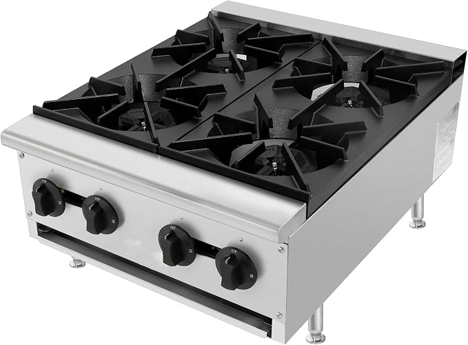 Commercial Gas Countertop Burner Stove,Natural Propane Convertible Hot Plate with Independent Controls,Standing Pilot Ignition,Cast Iron Grates,Adjustable Legs for Kitchen Food Truck (Silver,4 Burner)