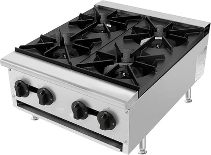 Commercial Gas Countertop Burner Stove,Natural Propane Convertible Hot Plate with Independent Controls,Standing Pilot Ignition,Cast Iron Grates,Adjustable Legs for Kitchen Food Truck (Silver,4 Burner)