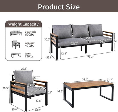 VilroCaz 4-Piece Outdoor Patio Furniture Sectional Sofa Set with Acacia Wood Armrests, All-Weather Conversation Set with Removable Cushion and Solid Wood Coffee Table for Garden Backyard (Grey-TH)