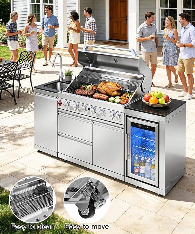 BBQ Outdoor Kitchen Island Grill Barbecue Modular Patio Kitchens Kits with Electric Rotisserie, Sink, fridge, and Burner for More than 10 People