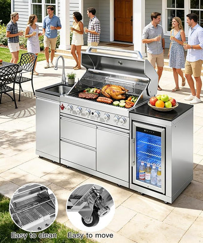 BBQ Outdoor Kitchen Island Grill Barbecue Modular Patio Kitchens Kits with Electric Rotisserie, Sink, fridge, and Burner for More than 10 People