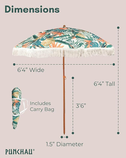 6 Ft Fringe Patio Umbrella - Outdoor Umbrella for Patio, Pool, Table, Garden, Deck, Beach, and Outdoors - Fashionable Boho Vintage Tassels & Wood Print - Push Button Tilt Pole