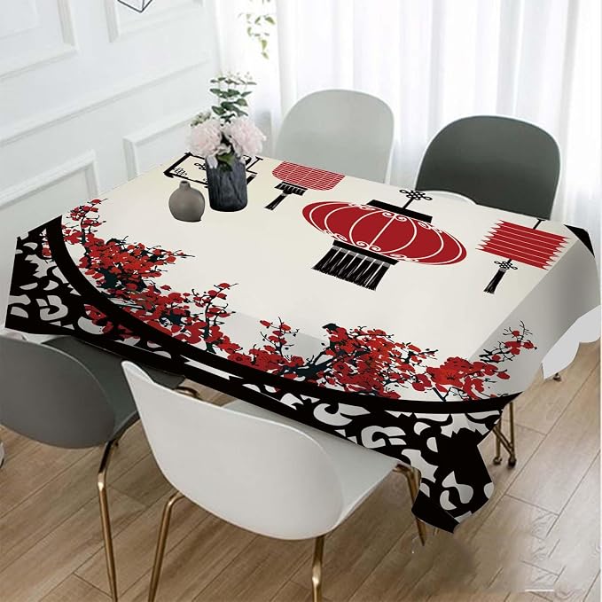 TKS MITLAN Chinese Lantern Decorative Rectangle Tablecloth Festival Window Flower Cherry Pattern Polyester Table Cloths Kitchen Table Cover for Dining BBQ Picnic Coffee Table 52 x 70 Inch 4-6 Seats