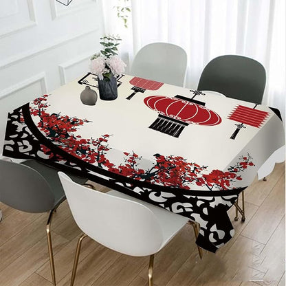 TKS MITLAN Chinese Lantern Decorative Rectangle Tablecloth Festival Window Flower Cherry Pattern Polyester Table Cloths Kitchen Table Cover for Dining BBQ Picnic Coffee Table 52 x 70 Inch 4-6 Seats