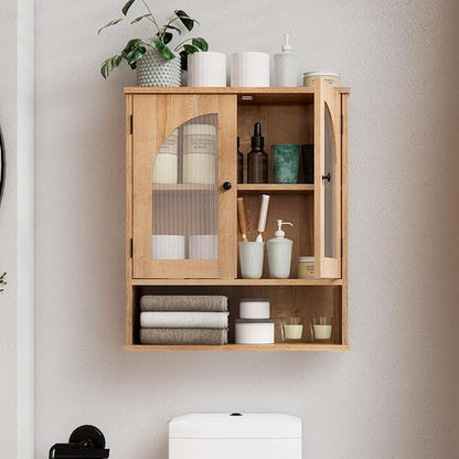 Bathroom Wall Cabinet, Bathroom Storage Cabinet Over Toilet, Medicine Cabinet with Arched Glass Doors & Adjustable Shelves, Wall Mounted Bathroom Cabinet with Open Storage Shelf, Natural