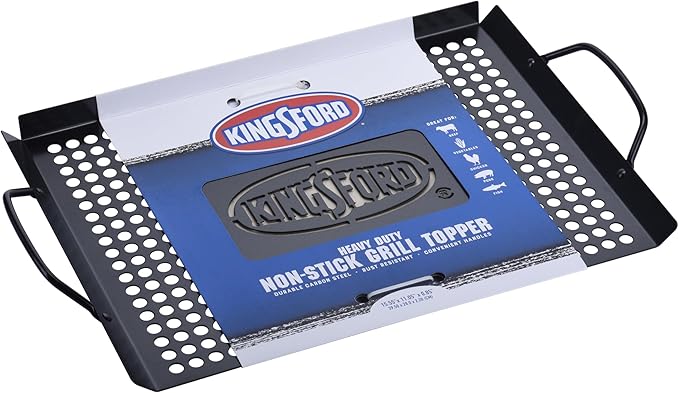 Kingsford Non-Stick Grill Topper Pan, Heavy Duty Carbon Steel BBQ Grilling Tray with Handles, Perforated Surface Helps Keep Small Foods from Falling Through Grates, 15.55 x 11.05 Inch
