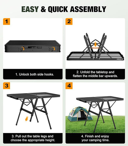 Raynesys Portable Folding Grill Table for Ourdoor, Camping, Picnic, BBQ | Foldable Grill Table with Mesh Desktop, 200lbs 3Ft Height Adjustable Metal Table, 35.4" L x 23.6" W
