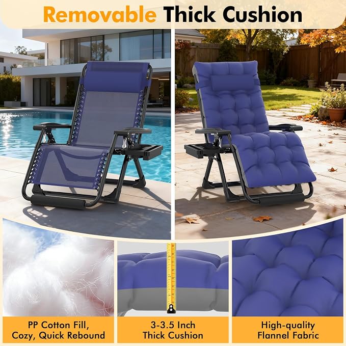 Slendor Oversized Zero Gravity Chairs XL, 29in Padded Recliner Chair, Blue | Reclining Lounge Chair, Folding Anti Gravity Chairs w/Aluminum Alloy Lock,Headrest,Cup Holder, Support 440lbs,for Lawn Patio