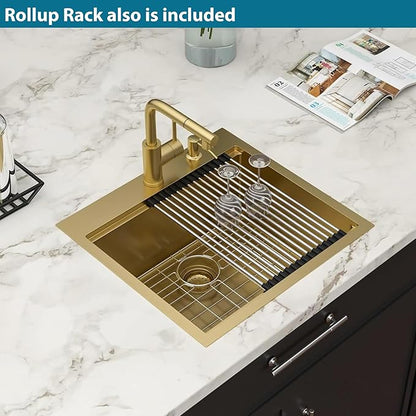Gold Bar Sink Drop In Outdoor Kitchen Sink 21 Inch Workstation 16 Gauge Stainless Steel Single Bowl Outdoor Bar RV Sinks with Pull-out Faucet 21"x20"x9"