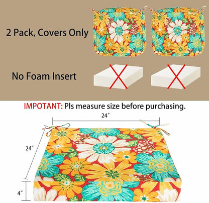 Magpie Fabrics Indoor Outdoor Cushion Cover Replacement 2 Pack, NO Insert! Water Repellent Slipcover with Ties Decor for Patio Garden Chair Sofa Bench Wicker(Embry Red Hibiscus, 24x24x4 Inch)