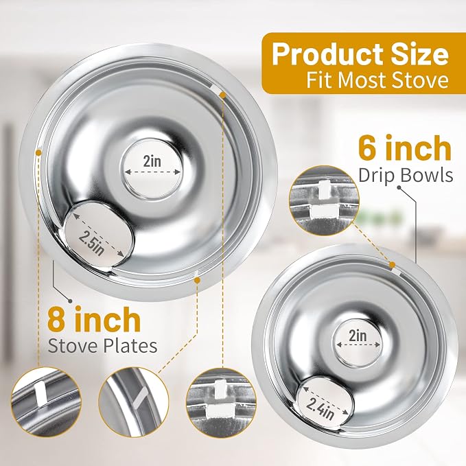 4 Pack Chrome Drip Pans, Compatible with Whirpool Kenmore Frigirate Stove Top Drip Bowls. Include 2 Pcs 6'' Range Replacement Drip Pans and 2 Pcs 8 '' Cooktop Drip Pans