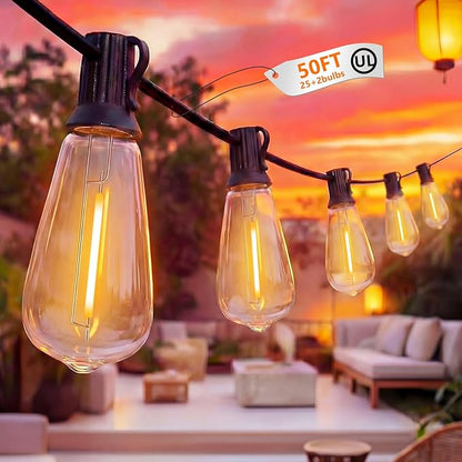 50FT LED Outdoor String Lights with 27 Shatterproof ST40 Vintage Edison Bulbs(2 Spare), Connectable Outside Hanging Light for Backyard Garden Porch Balcony, 2700K Dimmable