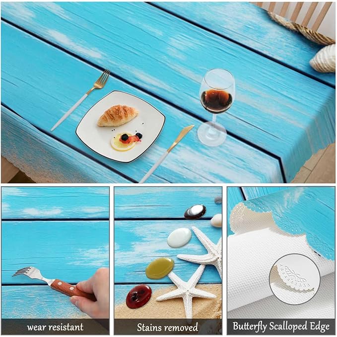 Swono Sea Shells Table Covers 52x70 Inch Blue Wooden Sea Rope Seashells Starfish Wipeable Tablecloth Kitchen Dinning Tabletop Decoration, Table Cloth for Outdoor and Indoor Use