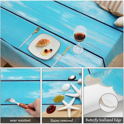 Swono Sea Shells Table Covers 52x70 Inch Blue Wooden Sea Rope Seashells Starfish Wipeable Tablecloth Kitchen Dinning Tabletop Decoration, Table Cloth for Outdoor and Indoor Use