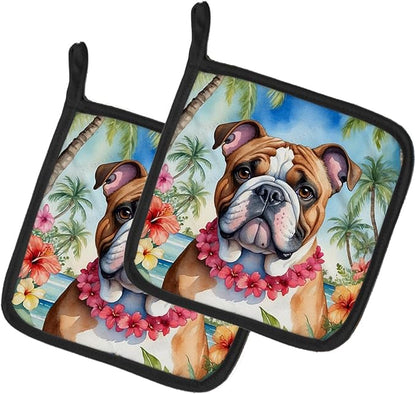Caroline's Treasures English Bulldog Luau Pair of Pot Holders Kitchen Heat Resistant Pot Holders Sets Oven Hot Pads for Cooking Baking BBQ, 7 1/2 x 7 1/2