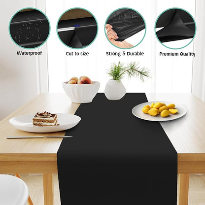Black Table Runner – 14" X 110' Premium Plastic Longtable Runners with Cutter Box - Cut to Size - Decorative Rectangle Table Runners - Smooth Table Cloth - Disposable Table Cloths, Parties, Weddings.