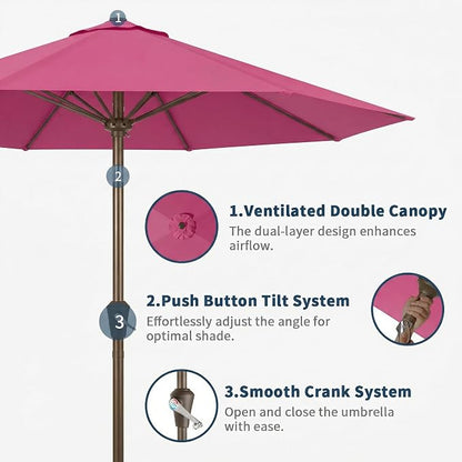 9FT Patio Umbrella Outdoor Table Umbrella w/Push Button Tilt and Crank, 8 Sturdy Ribs, UV Resistant Waterproof Market Umbrella for Pool, Deck, Backyard, Garden, Rose Pink