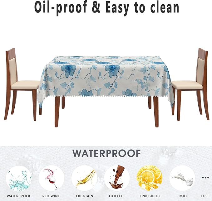 Blue Flower Rectangle Tablecloth Perfect for Spring Home Decor 60x120 Inch Blooming Floral Washable Table Cover Watercolor Rustic Table Cloth Dust-Proof for Farmhouse Decoration Buffet Picnic