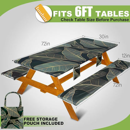 Wrakus Picnic Table Cover with Bench Covers Vinyl Elastic Edges Fitted Rectangle Seat Tables Waterproof 3-Piece72X30in Set Outdoor Rectangular Folding Backing Tablecloth for Camping Over Size